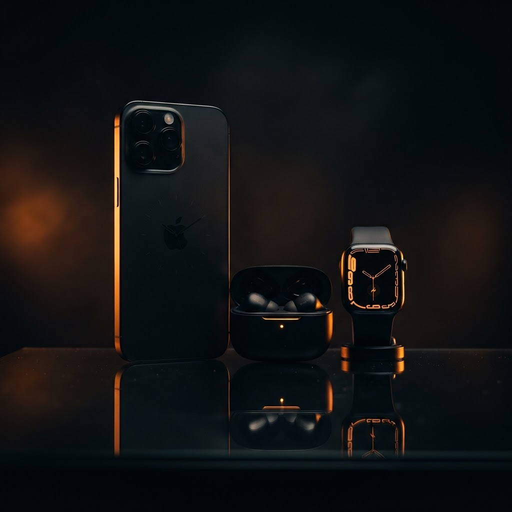 Premium smartphone with earbuds and smartwatch accessories