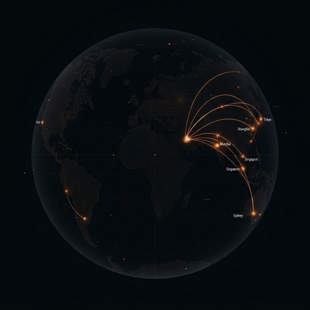 World map showing Primewave's global sourcing connections radiating from Dubai